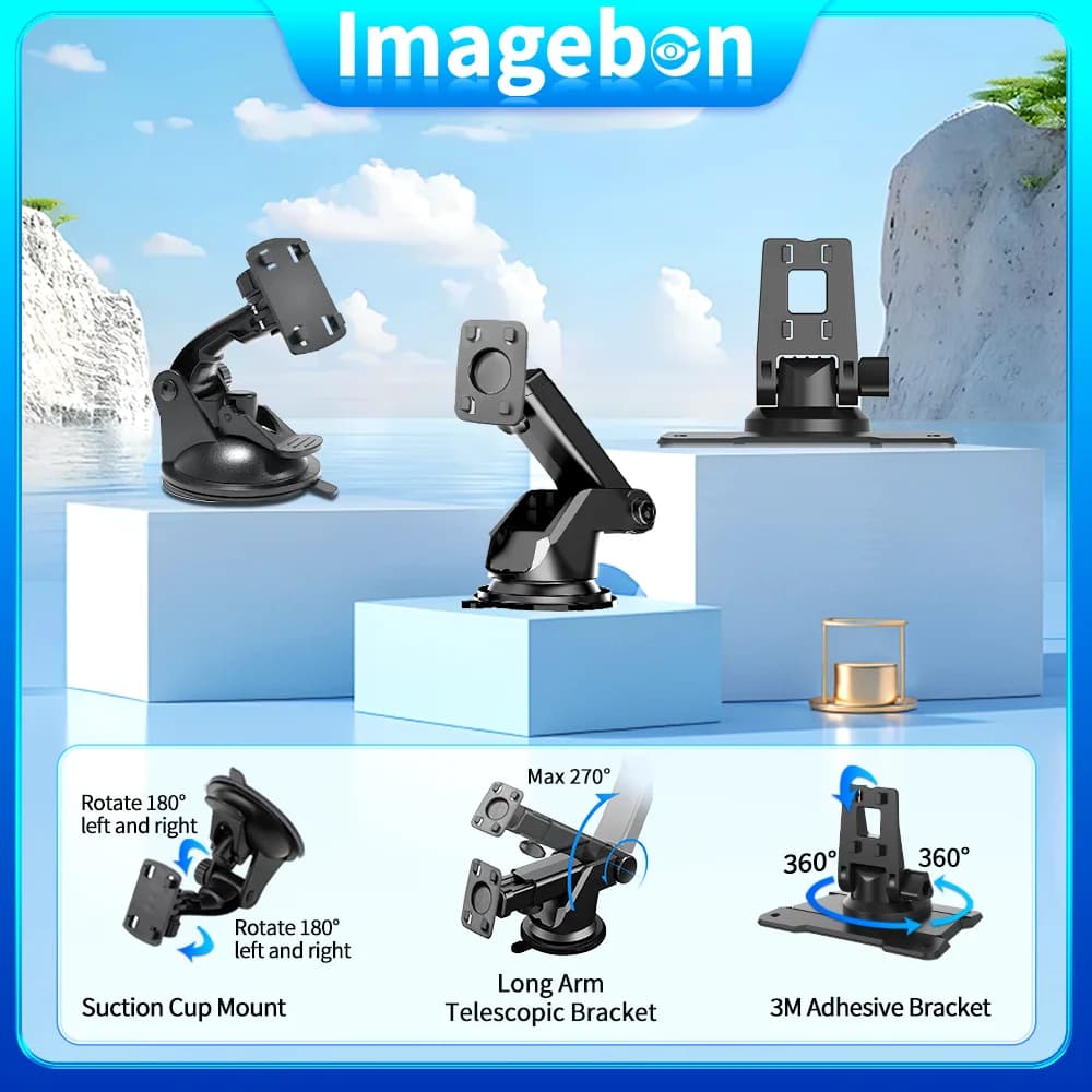 Imagebon DVR Support for Car 3M Adhesive Base Suction cup Support Long Arm Telescopic Brace Swivel Brace for Dashboard Car Accessories