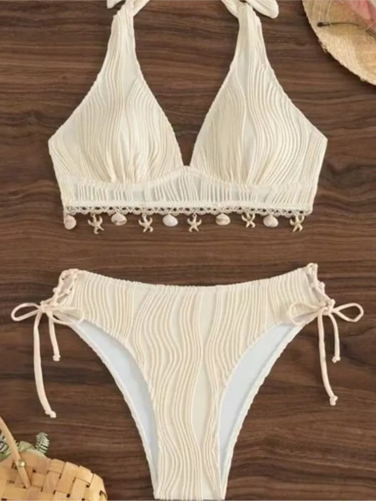 Bikini e Tankini da Donna, Nuovo Costume da Bagno Sexy con Collo all'Americana, Set Due Pezzi Tinta Unita con Lacci sulla Schiena, Elegante e alla Moda
