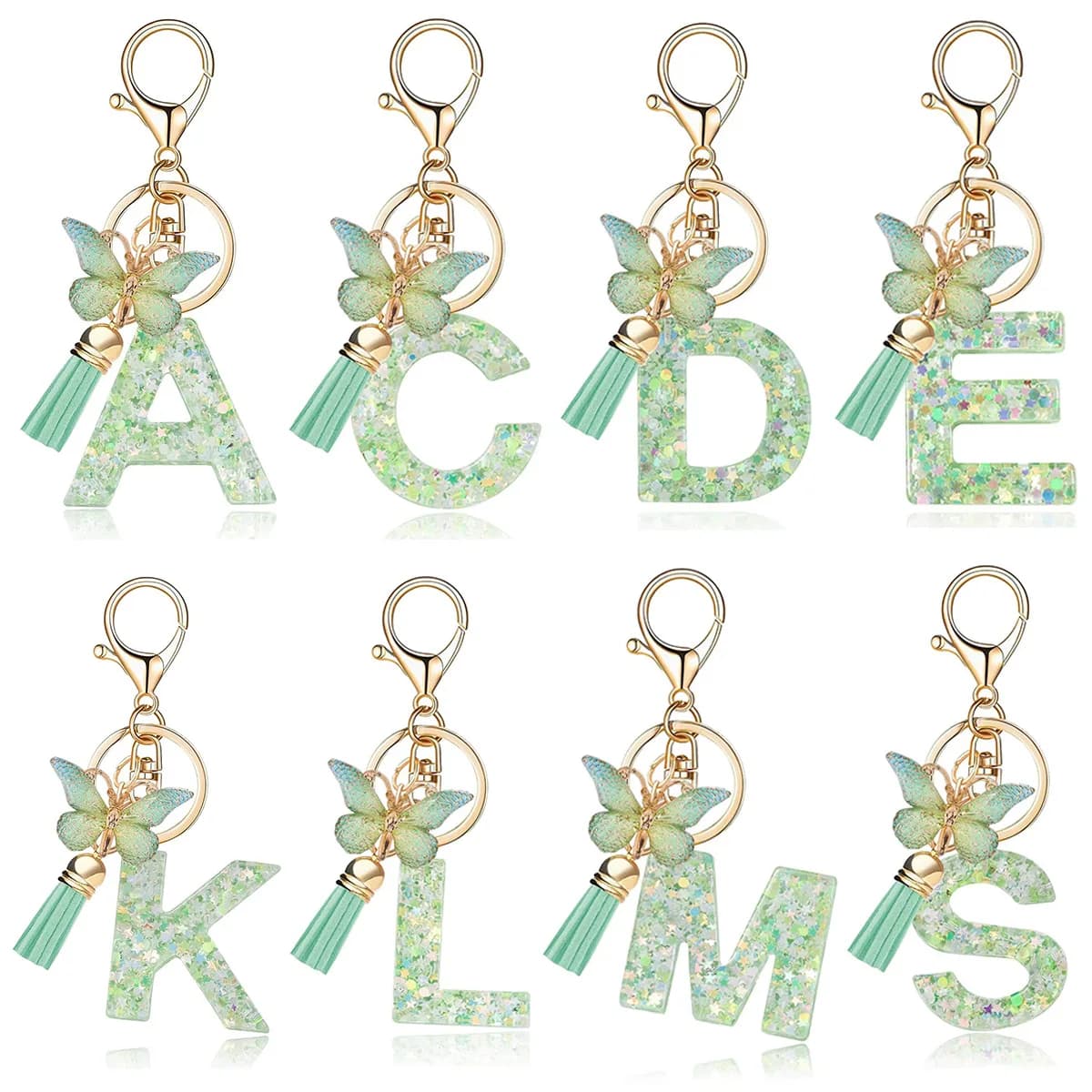 A-Z Green Mint Glitter Initial Letter Keychain with Butterfly Tassel, Resin & Metal Lobster Key Ring, Fashion Charm for Backpack, Handbag, Daily Wear, Parties, Souvenirs & Holiday Gifting