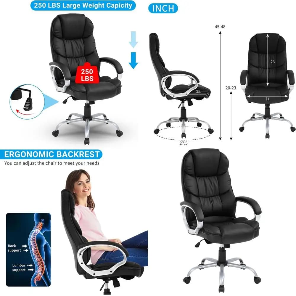 Sedia da Ufficio Ergonomica in Pelle PU con Schienale Alto, Altezza Regolabile, Supporto per Persone Alte e Robuste, Cuscino Morbido, Braccioli Girevoli per Casa/Ufficio