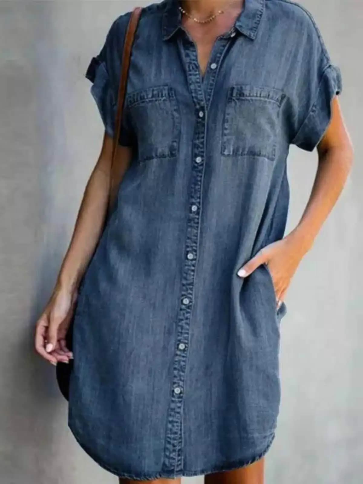 Abito Chemisier in Denim da Donna Estate 2023, Stile Casual da Festa, con Colletto e Gonna a Trapezio, Stile British Commute