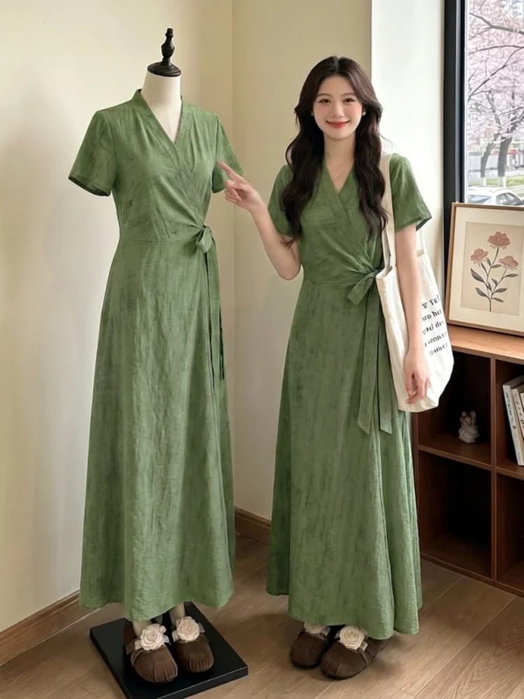 Green Ink Wash V-neck Shoulder-length Belted Long Dress Summer New Style plus Size Women's Loose Fit A-line Skirt Korean Style