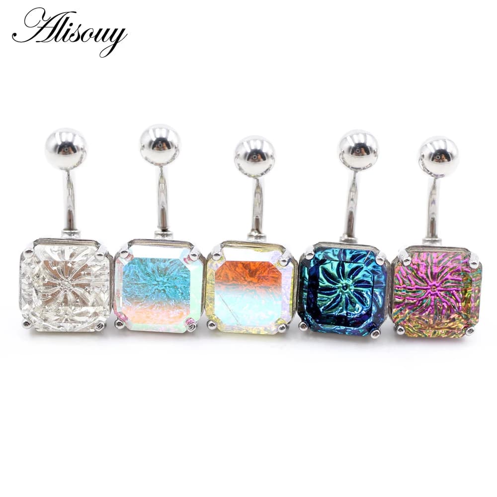 Alisouy 1PC Acciaio Inossidabile 316L Bilanciere Quadrato Sfera di Cristallo Della Ragazza Delle Donne Sexy Pancia Ombelico Anelli di Bottone Penetranti Gioielli Per Il Corpo