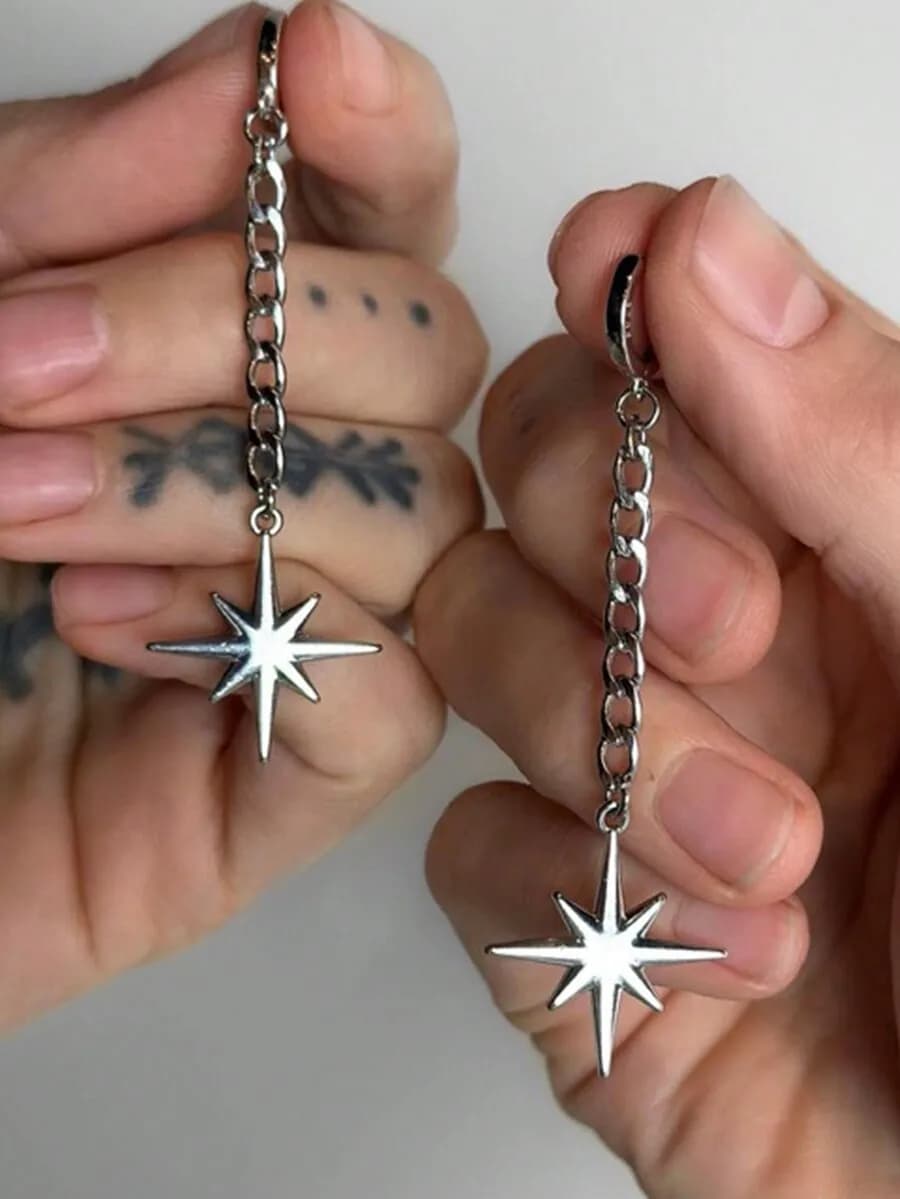 1pair Rock Punk Eight Pointed Star Chain Tassel Earrings Unisex Gothic Puncture Ear Studs Eight Awn Star Pendant Eardrop Fashion