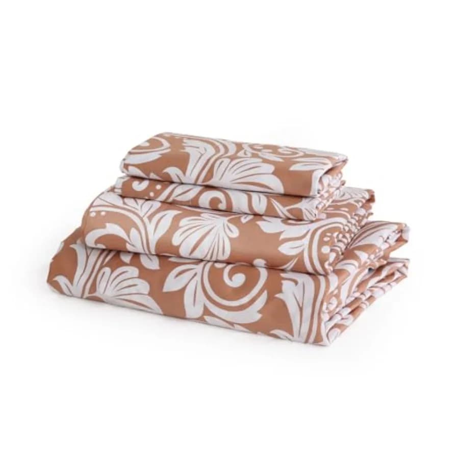 Set di Lenzuola in Cotone Paisley Arancione Bruciato, 300 Fili, Stampate in Sateen, Morbide, Traspiranti e Rinfrescanti, con Tasche Profonde