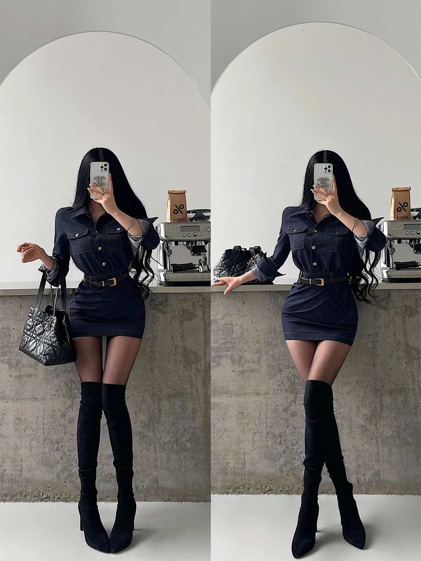 Abito Corto Sexy e Piccante da Donna con Cintura in Vita, Maniche Lunghe, Gonna Avvolgente in Denim, Vestito Aderente per Uso Casual Femminile