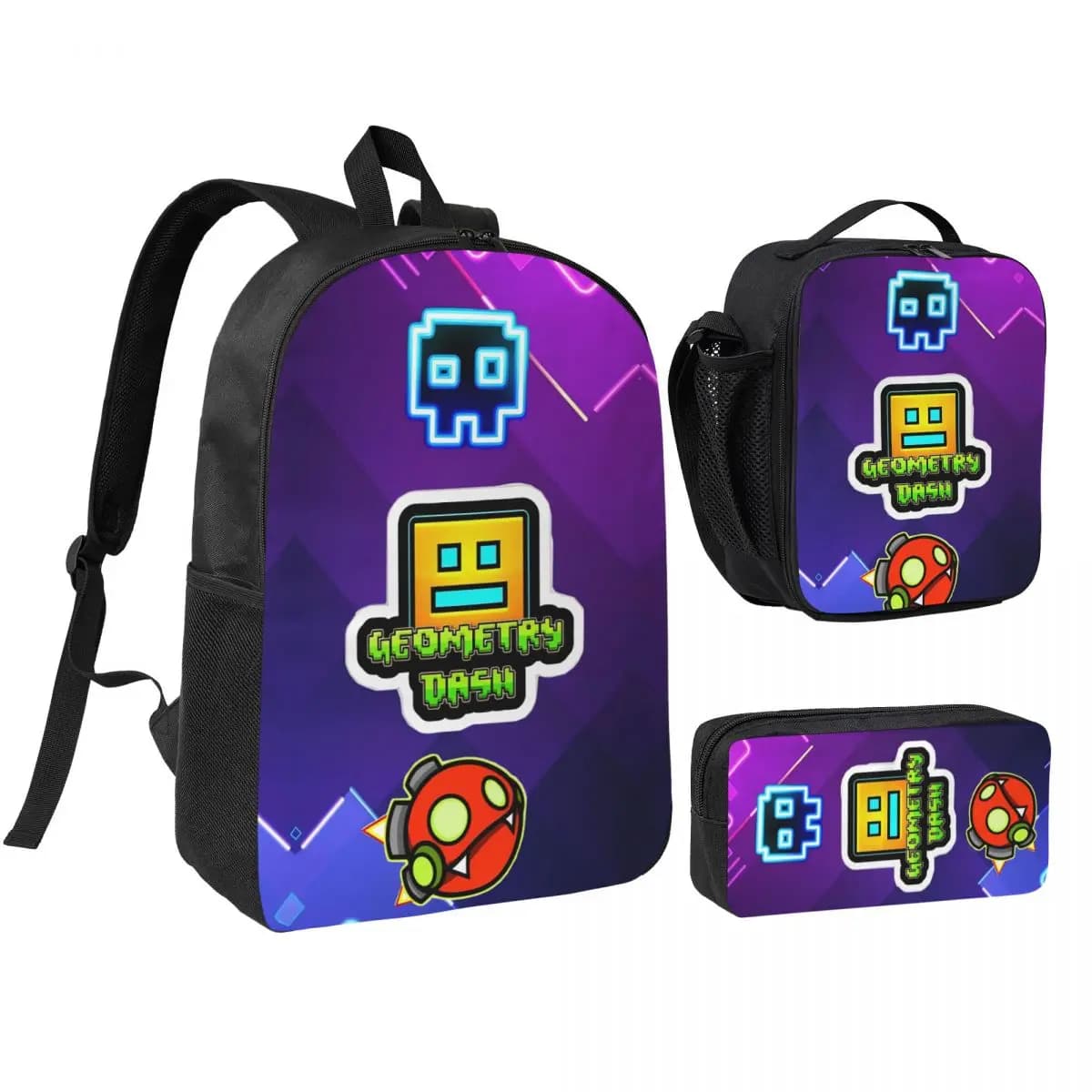 3pecs/set Geometry Dash Backpack for Boys Girls High-capacity Games Daypack Lunch bag Pencil Case