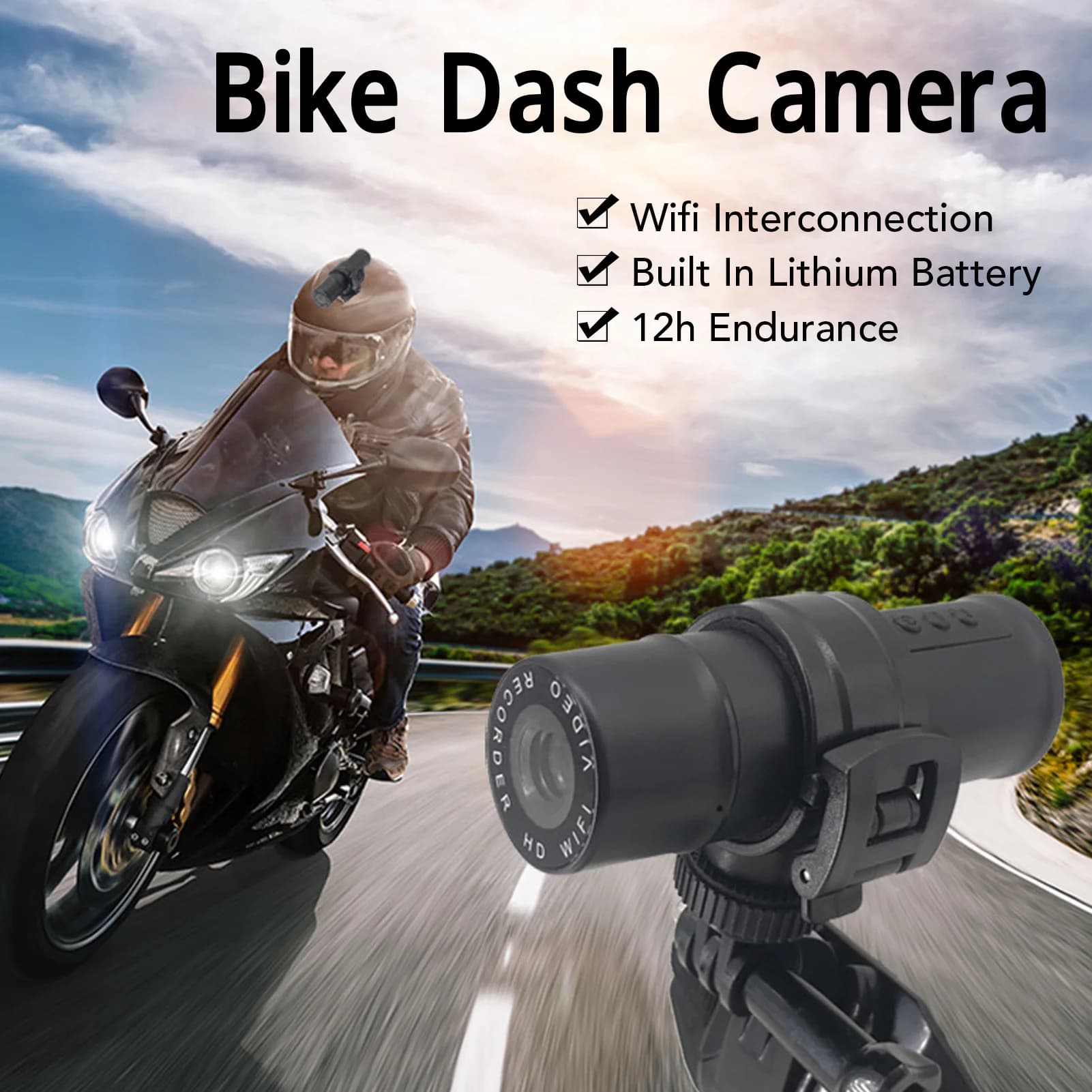 Dash Cam 1080P Cable Camera with 120 Degree Vision Angle, Mini WiFi Sports Camera for Bikes and Motorcycles