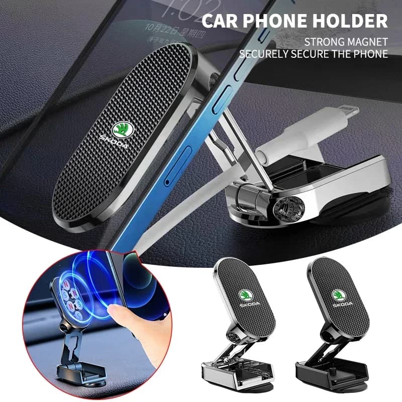 Lusso 720 ° Supporto per telefono magnetico per auto pieghevole in metallo rotante per Skoda Octavia Rapid Kodiaq Karoq Fabia Kamiq Superb Derivative