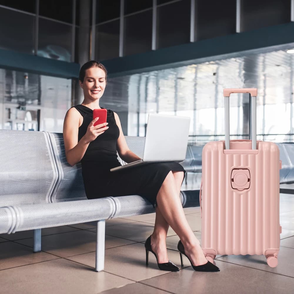 Set di Valigie Rosa alla Moda 3 Pezzi 20/24/28 Pollici in ABS con Ruote Girevoli, Porta USB, Portabicchiere e Porta Telefono
