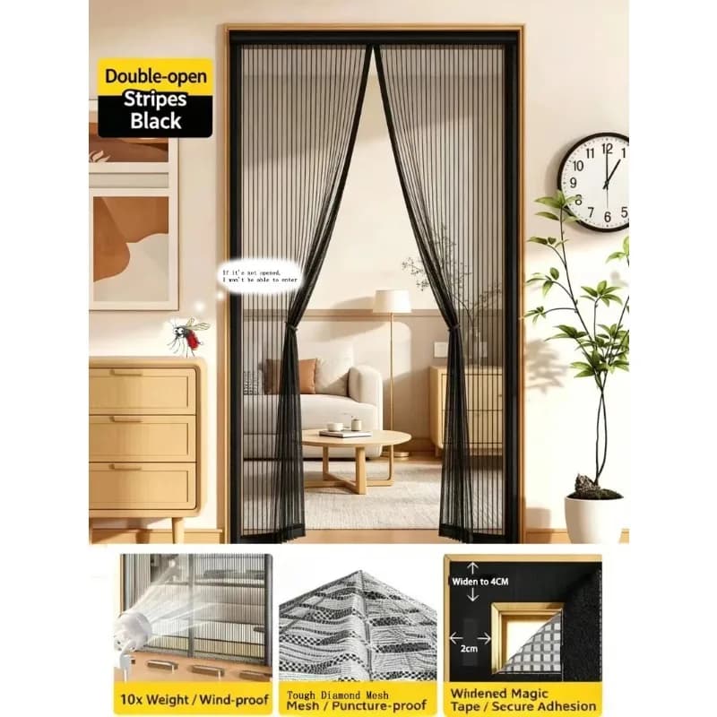 Black Magnetic Door Screen, Diamond Mesh, Door Curtain, Designed for Mosquito Prevention in Summer, Ventilated, Easy to Install