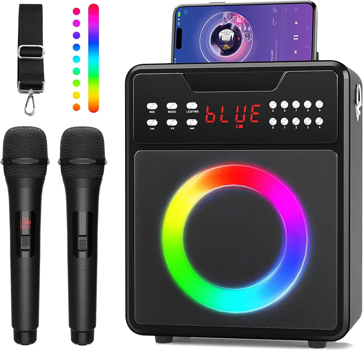 Macchina per Karaoke Portatile con 2 Microfoni Wireless, Luci LED, Supporto USB/AUX/TF per Feste in Casa e all'Aperto