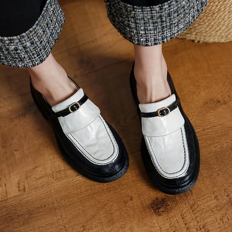 Women British Color Block Loafers Round Toe 5cm Chunky Heel Metal Buckle All Hand Washed Sheepskin Pigskin Lining Rubber SoleF64