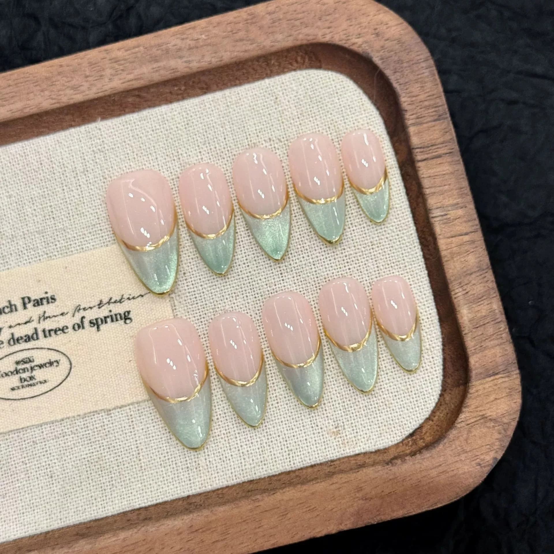 10 pz Unghie Finte Press-on Fatte a Mano, French Cat Eye, a Mandorla, Rosa Verde, Decorazione Indossabile, Copertura Completa, Punte per Unghie