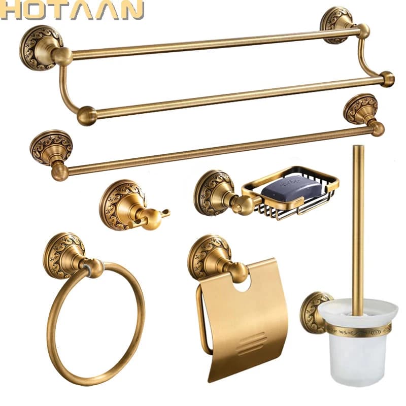. Set di accessori per il bagno in alluminio ottone antico, gancio per accappatoio, porta carta, portasciugamani, portasapone, raccordo per il bagno