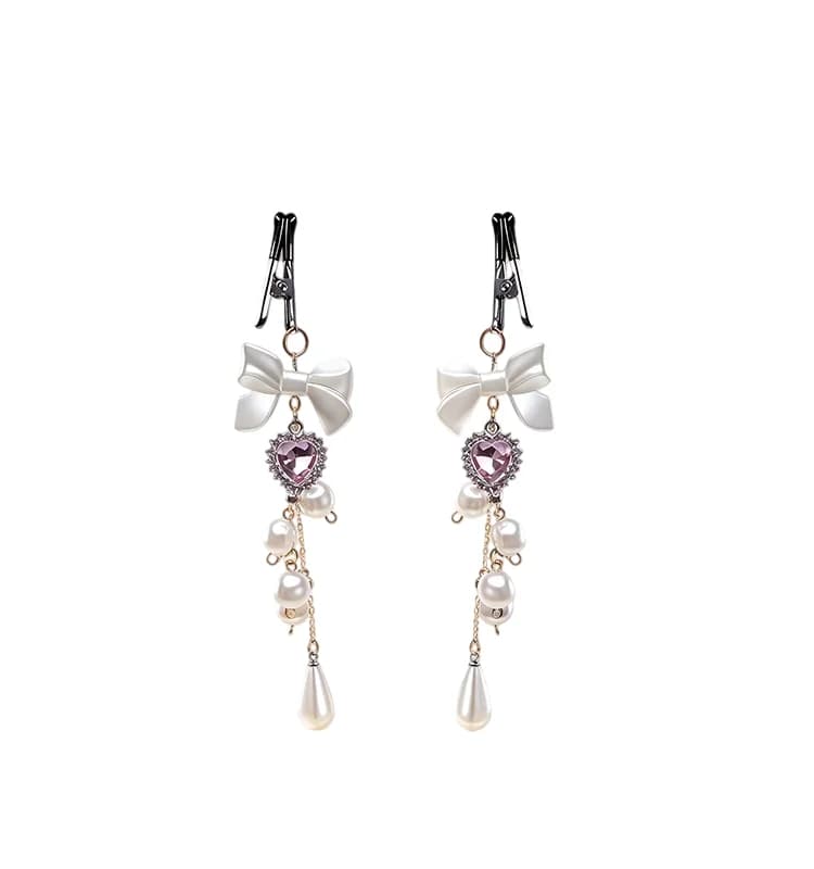 Shiny Rhinestone Pearl Bow Tassel Nipple Clamp Jewelry for Women Elegant Underwear Accessory