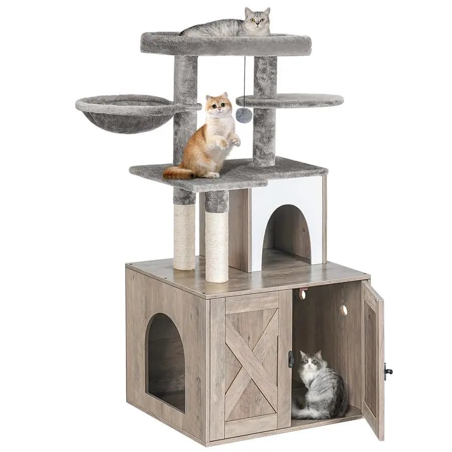 Contenitore per lettiera per gatti con torre per albero e condominio, mobili per bagno nascosti con tiragraffi in sisal e morbido pesce persico in peluche, W