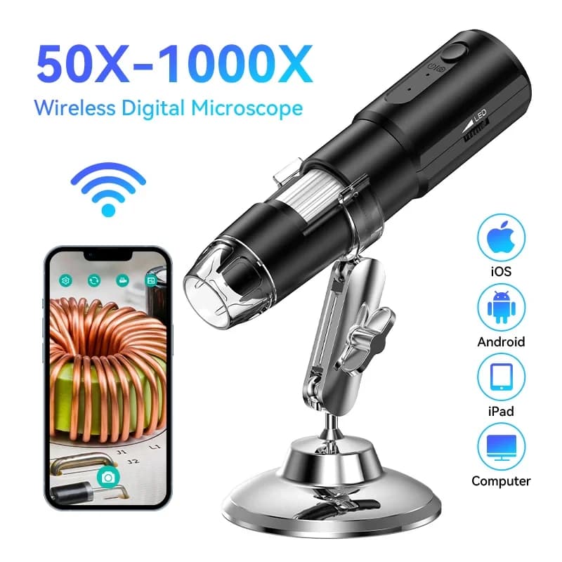 Microscopio Digitale Wireless con Ingrandimento 50X-1000X, Supporto Flessibile per Android, iOS, iPhone, PC, Microscopio Elettronico Stereo WiFi