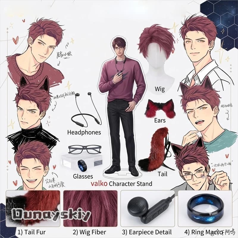 CR7.7*Valko Complete Cos Kit Love and Deepspace Includes Wolf Ear ail Synthetic Wig Eyeglasses Headset Metal Cosplay Halloween
