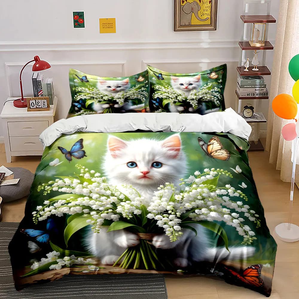 Set di biancheria da letto con stampa gatto che tiene fiori di giglio con farfalle in volo, morbido e confortevole, include 1 copripiumino e 2 federe.