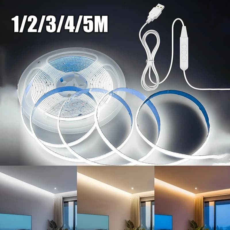 Striscia LED COB 5V USB con Pulsante, Tagliabile, Flessibile per Casa, Camera da Letto, Retroilluminazione TV, Cucina, Scale, Decorazione Fai-da-Te