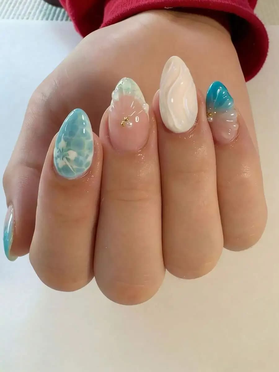 24pcs Short Almond 3D Gel Nail Stickers Ocean Beach Floral French Nail Art Decals With Glue And File