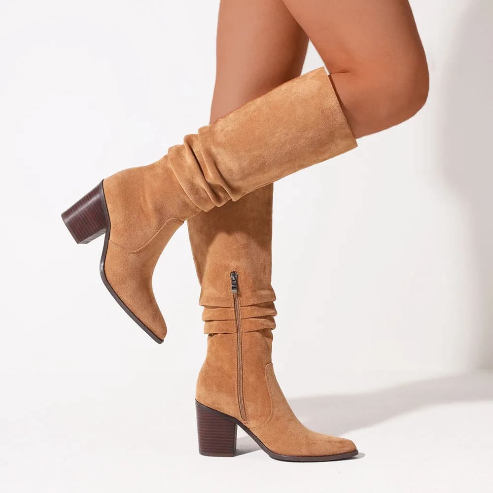 Stivali alti al ginocchio da donna eleganti Faux Flock Punta a punta Tacco alto grosso Cerniera laterale pieghettata Comfort Abbigliamento quotidiano Stivaletti lunghi per