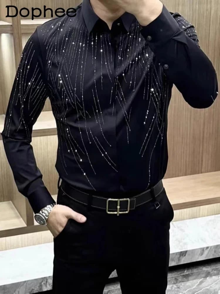 Camicie casual da lavoro versatili da uomo 2024 autunno e inverno nuova moda risvolto interno caldo diamante top manica lunga slim fit versatile