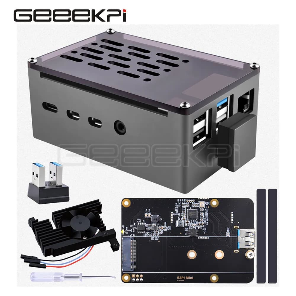 GeeekPi Aluminium brick case Black shell with cooling fan M.2 SATA SSD with adjustable speed 3510 for Raspberry Pi 4 model B