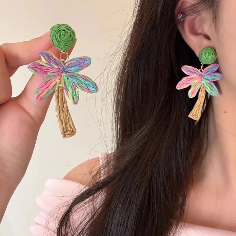 Orecchini Pendenti Bohemia Colorati in Rattan a Forma di Albero di Cocco per Donna, Gioielli Estivi da Spiaggia, Regalo per Feste