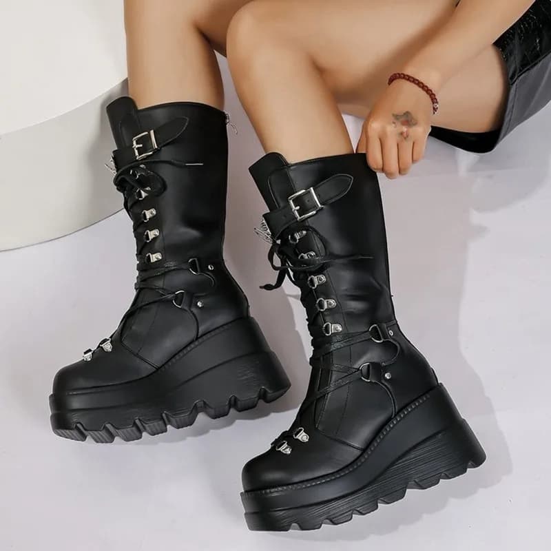 Thick Heel Knight Boots Women's Stylish Mid-Calf Boot Punk Style Large Size Rivet Waterproof Platform Belt Buckle Quality Botas