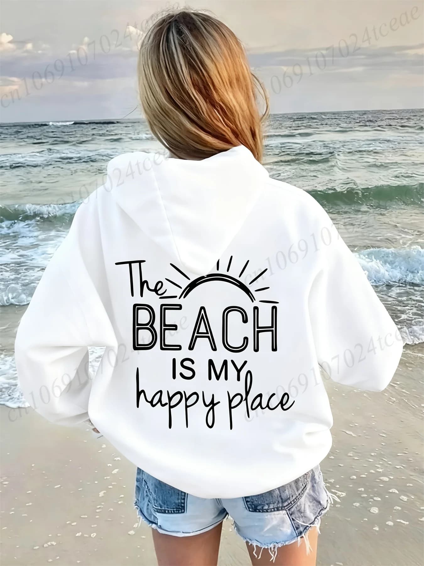 The Beach Is My Happy Place Print Funny Women's Hoodies Sportwears Beach Graphic Hooded Sweatshirts Vacation Party Sweatshirts