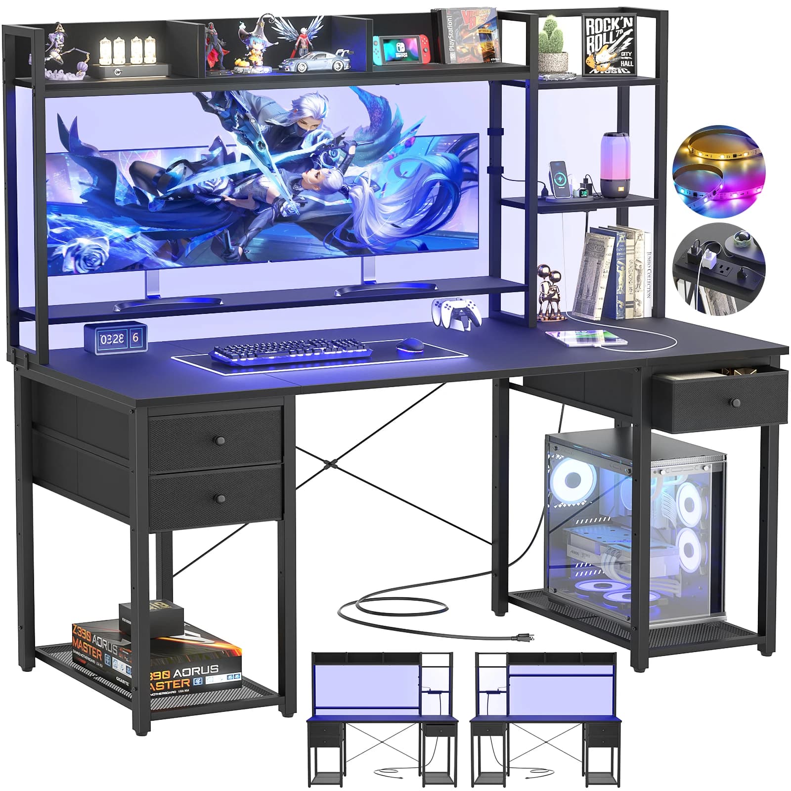 Aheaplus 55" Computer Desk with Hutch & Storage Bookshelf, Reversible Gaming Desk with LED Lights & Power Outlets, Large Workstation Desk with 3 Fabric Drawers & CPU Stand – Black