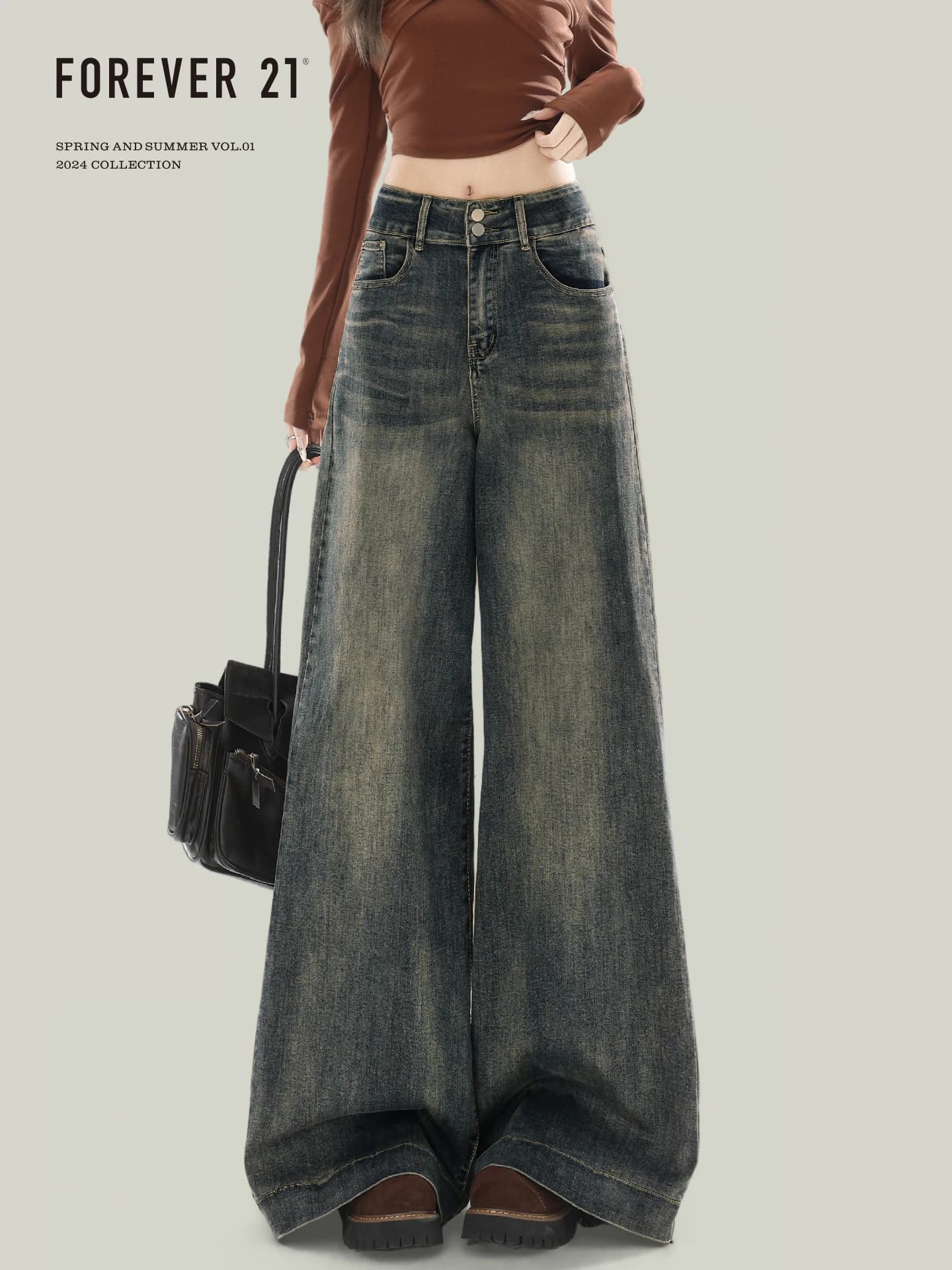 Forever 21 American Style Retro Blue Wide Leg Jeans Women's Super Popular High Waist Slimming Draping Floor-Length Pants
