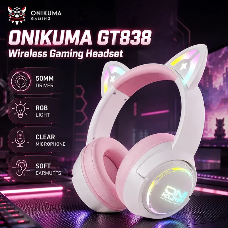 ONIKUMA GT838 Gaming Headphone Cat Ear RGB Headset Stereo Sound With Clear Mic Soft Earmuffs Cute Design For Computer Console