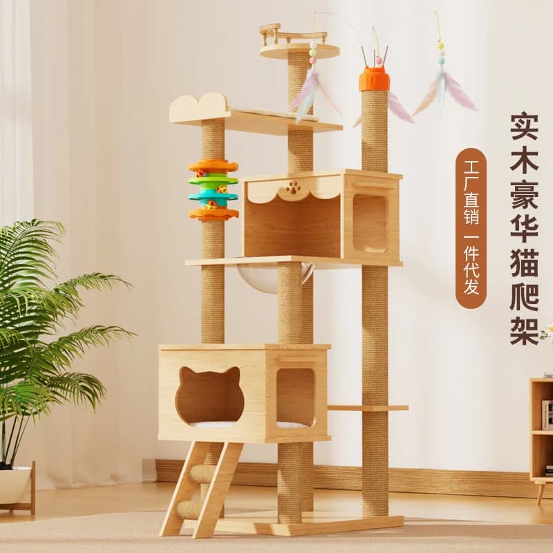 Cat climbing frame, cat tree integrated large solid wood rack, house grabbing post, does not occupy real estate space