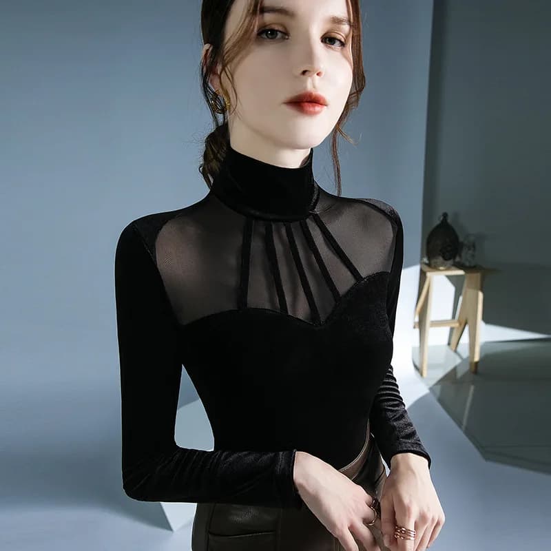 Nuova Camicia Base in Stile Europeo per Donne, Blusa Elegante in Velluto e Rete, Top Invernale alla Moda per Sottoabbigliamento