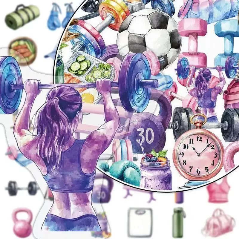 50Pcs Watercolor Fitness Sports PET Stickers Dumbbell Kettlebell Soccer Workout Ins Journal DIY Clear Adhesive Decor Labels