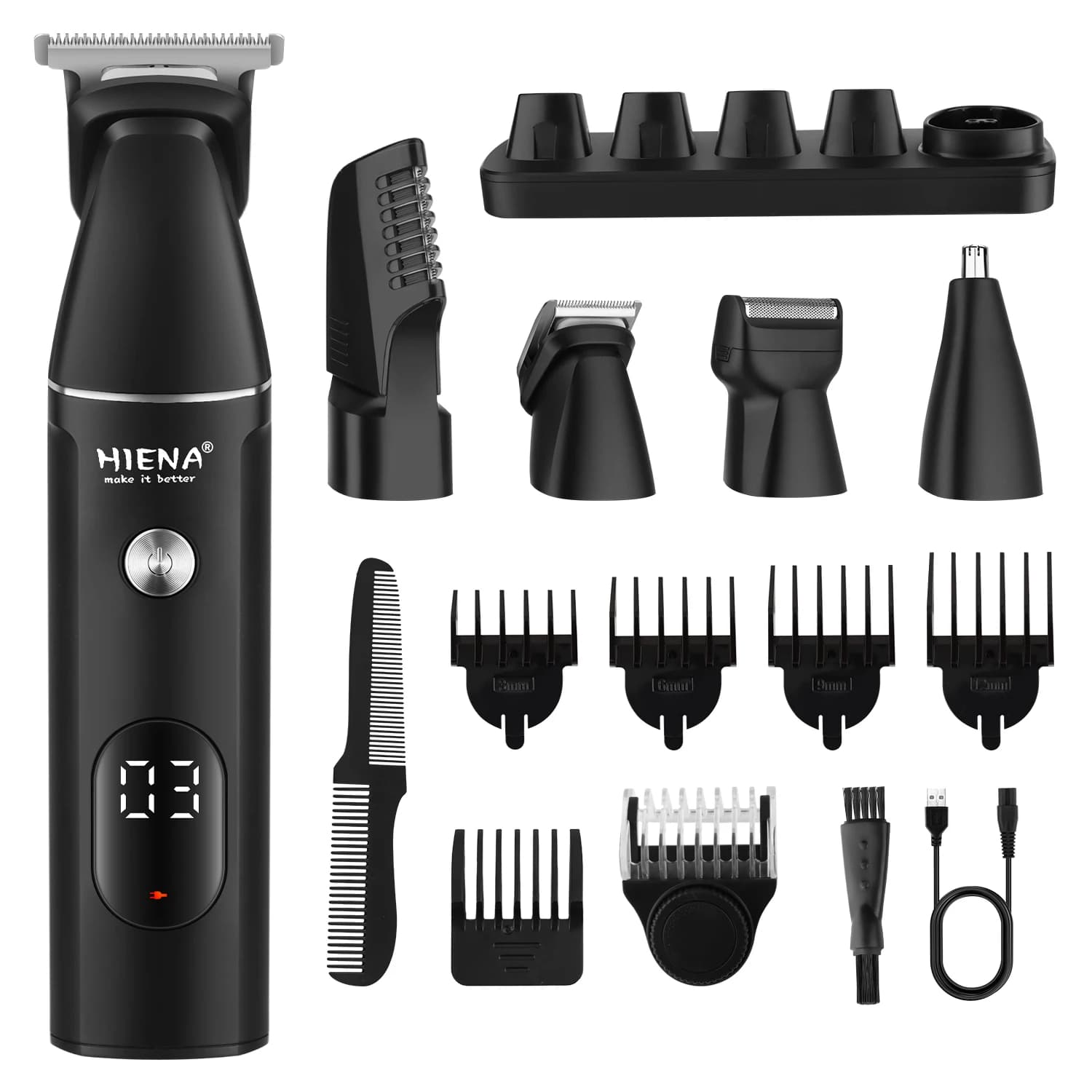 Set Professionale Multifunzionale per Taglio Capelli HIENA, Set Regolabarba Multifunzione, Lama Regolabile Tipo R, Tosatrice Senza Fili, Display LED, Trimmer per Orecchie e Naso, 6 Pettini