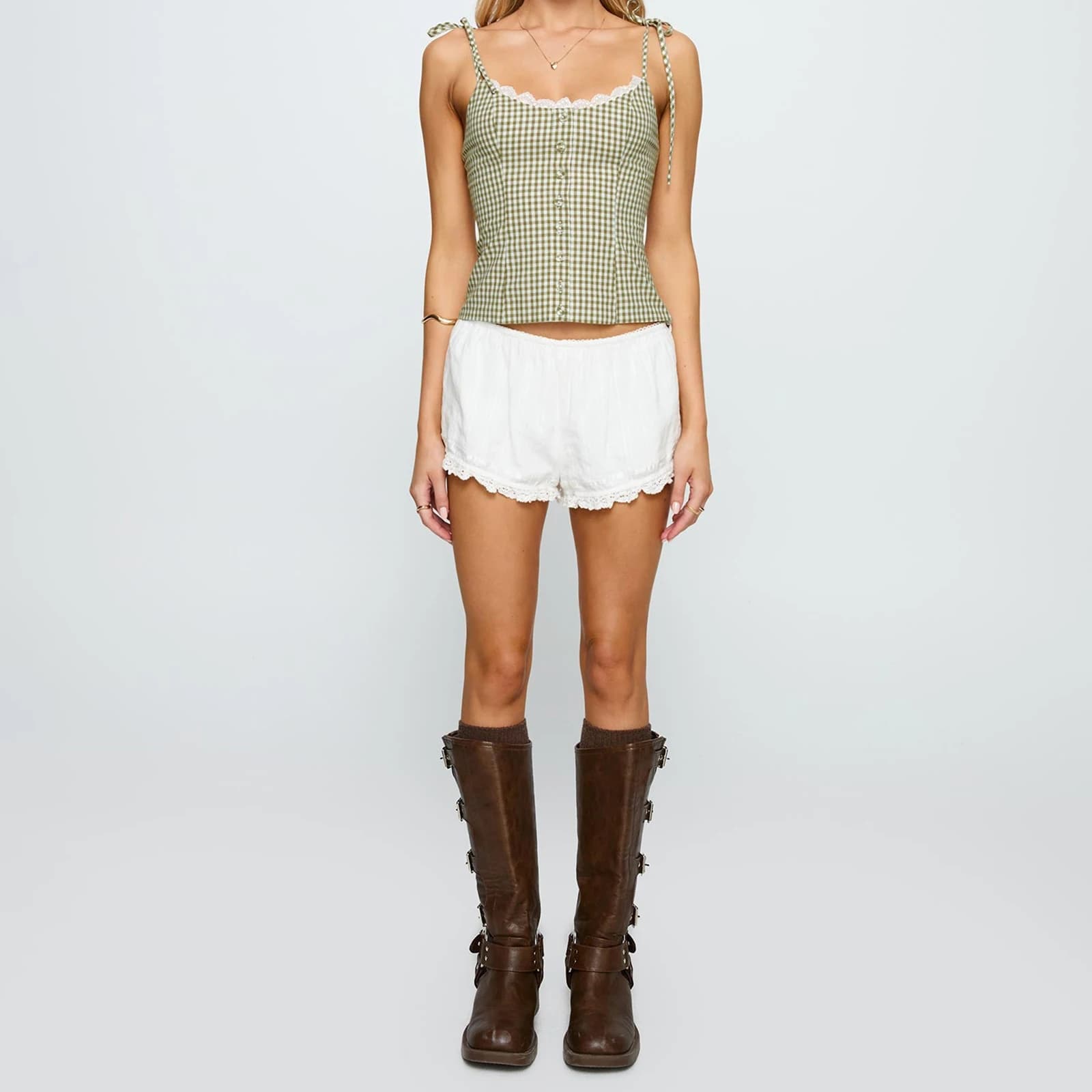 New Fashion Women Plaid Camisole Slim Lace Trim Scoop Neck Tie-up Spaghetti Strap Crop Shirts Trendy Summer Streetwear S M L