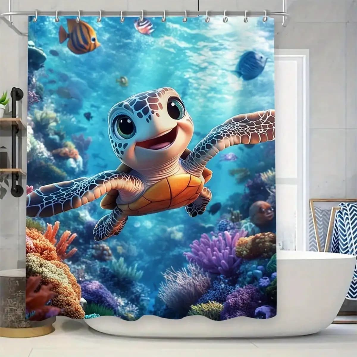 1/3/4pcs Set Featuring a Vibrant Ocean Design, Including a Flat Shower Curtain, Non-Slip, And a Toilet Lid Cover