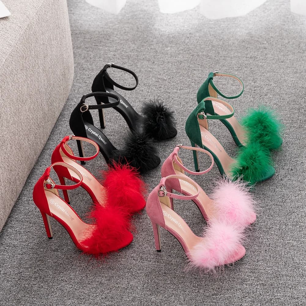 Crystal Queen Women's Summer Sandals Sweater stiletto heels with open tip High heels Fur Feather Women's Big Shoes 42