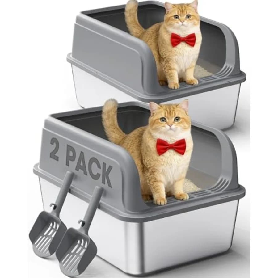 Set di 2 Lettiere per Gatti in Acciaio Inox con Paletta, Antiaderenti e Facili da Pulire, Lettiere Metalliche con Contenitore Impermeabile