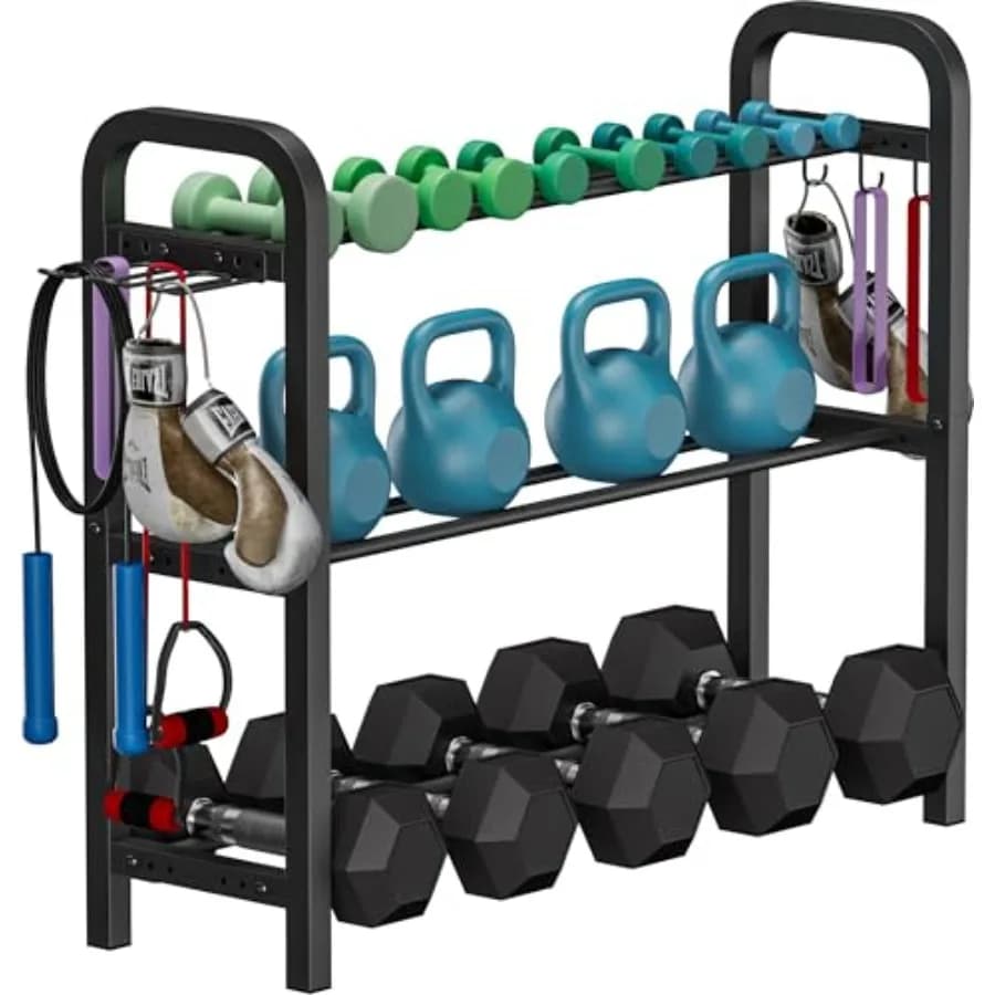 Porta Manubri Regolabile, Supporto per Pesi e Kettlebell, Organizzatore Robusto per Palestra Domestica con 6 Ganci