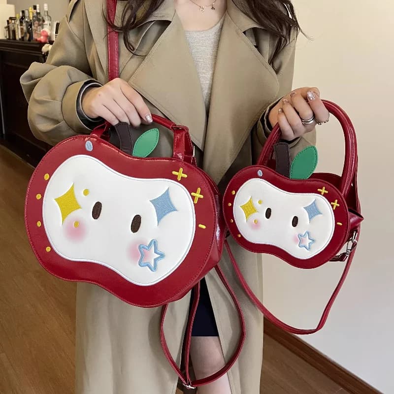 Cute Apple Shaped Backpack For Women Kawaii Red Leather Cartoon Design Bag Portable Handbag Crossbody Shoulder Bag Fashion Purse