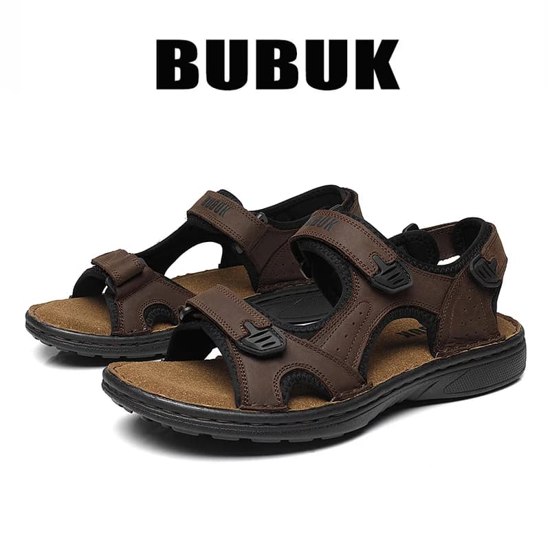 Bubuk Men's Outdoor Sandals Made of Top-Layer Cowhide, with Adjustable Velcro Straps, Non-Slip Thick Soles, Suitable for Beach, Hiking, Fishing, and Commuting