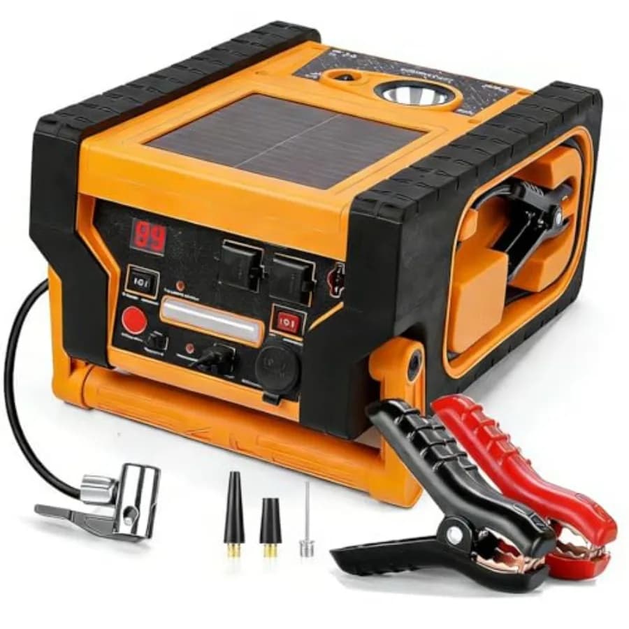 Portable 2000A peak jump starter with built-in air compressor and 400W inverter; black ABS plastic housing; compact design for