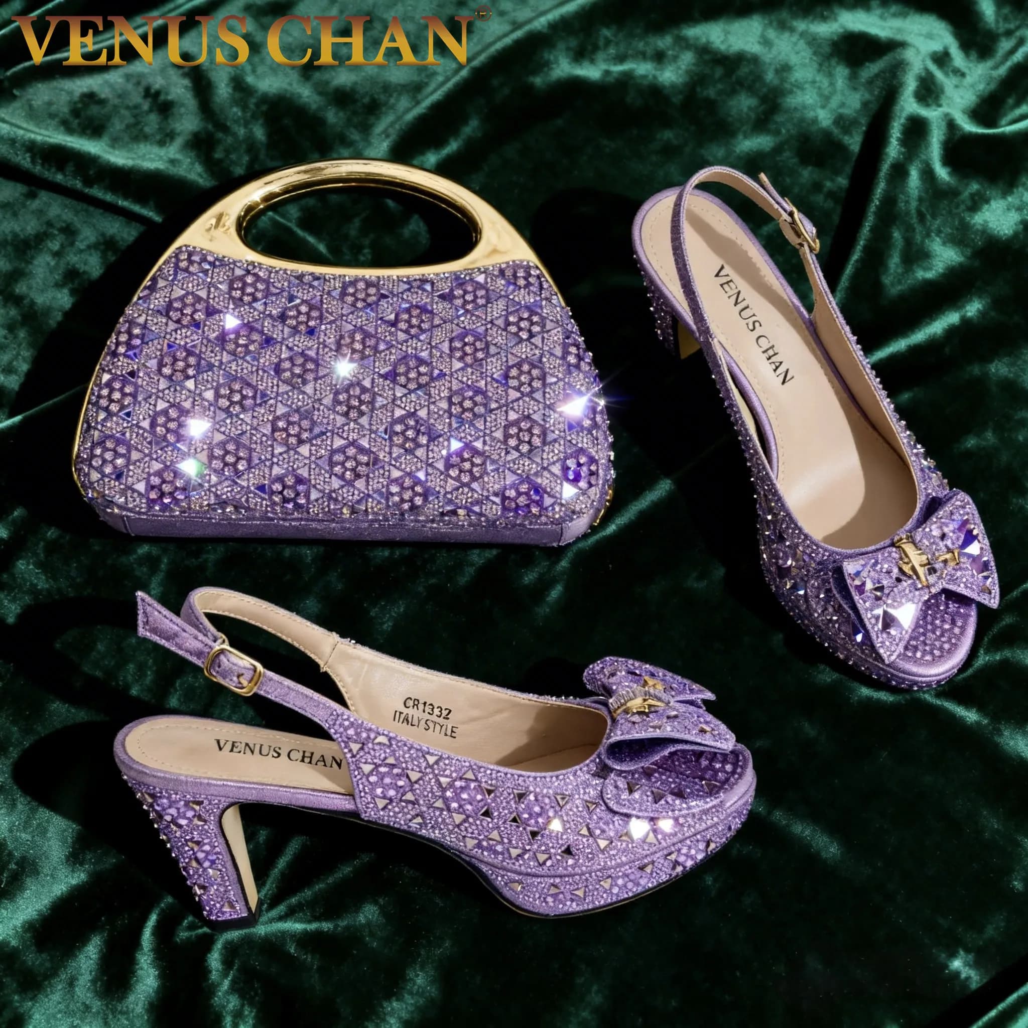 Eleganti Sandali con Tacco Alto e Punta Aperta in Strass Viola Chiaro e Set Borsa per Donna – Eleganti Scarpe Italiane da Festa Perfette per Matrimoni