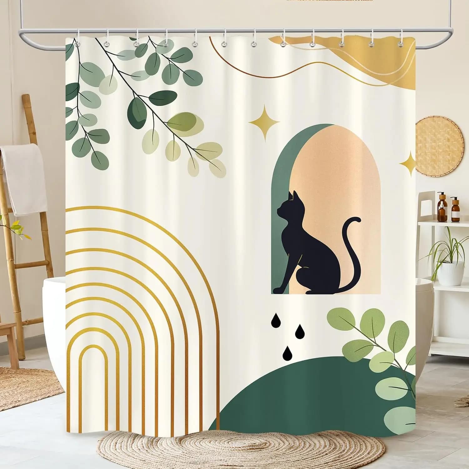 Tenda da doccia gatto nero Tenda da doccia impermeabile astratta foglia verde 180 x 180 cm con 12 ganci Decorazioni per la casa