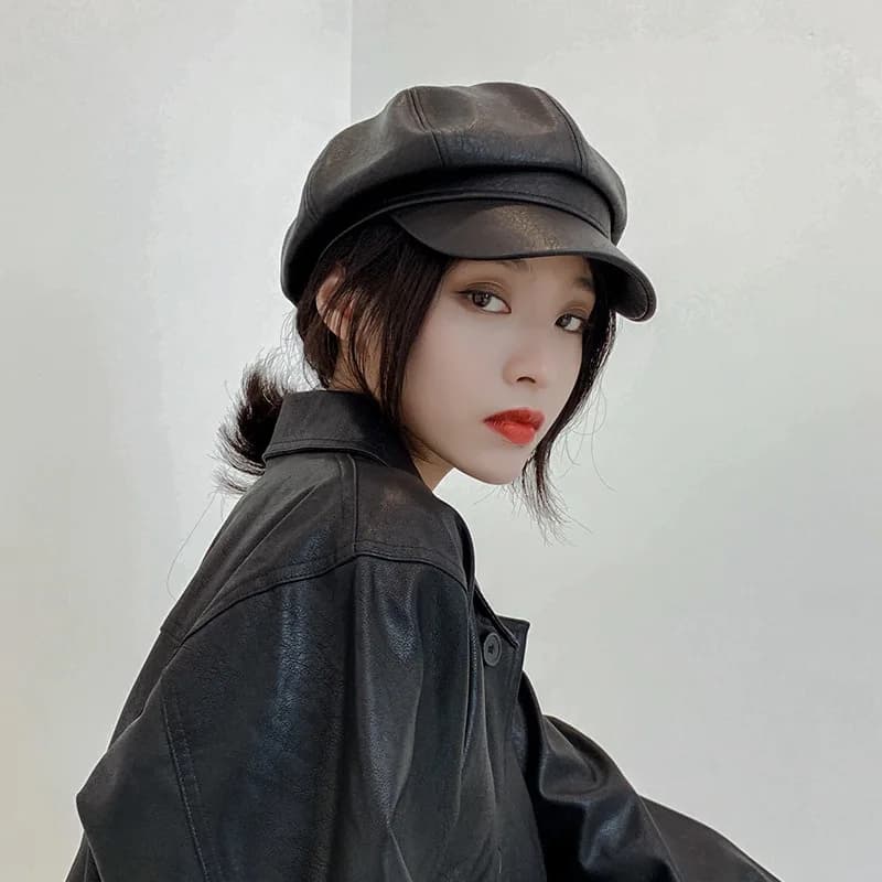 Berretto vintage in similpelle PU da donna, tinta unita, ottagonale, stile newsboy, cappello da artista francese per donna e ragazza.